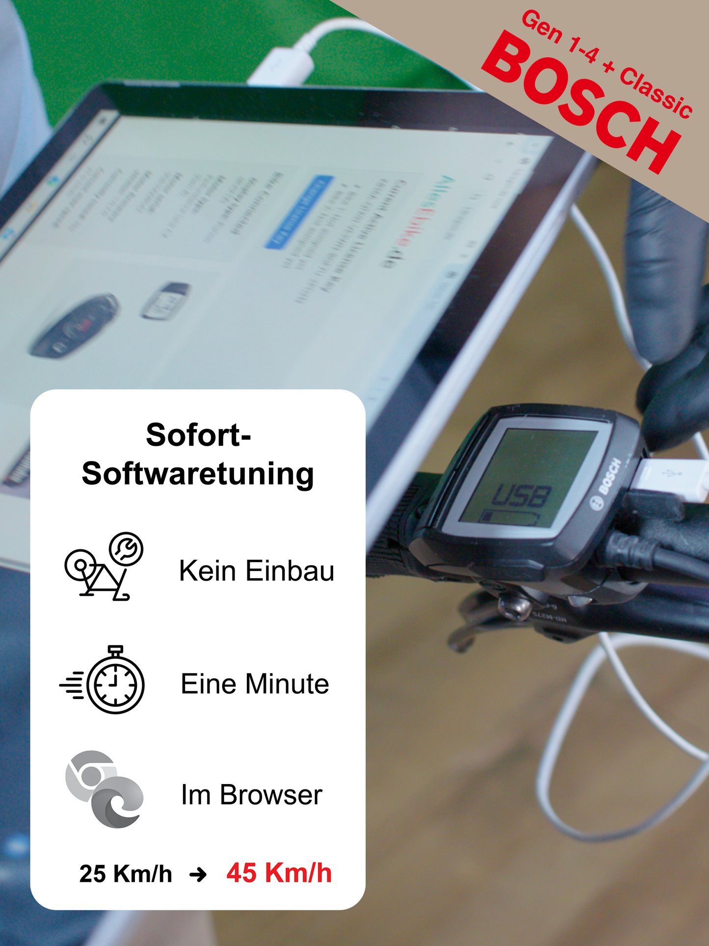 BOSCH Ebike Sofort - Software - Tuning ohne Einbau via Mikro-USB für Gen1-4 von 25m/h auf 45km/h