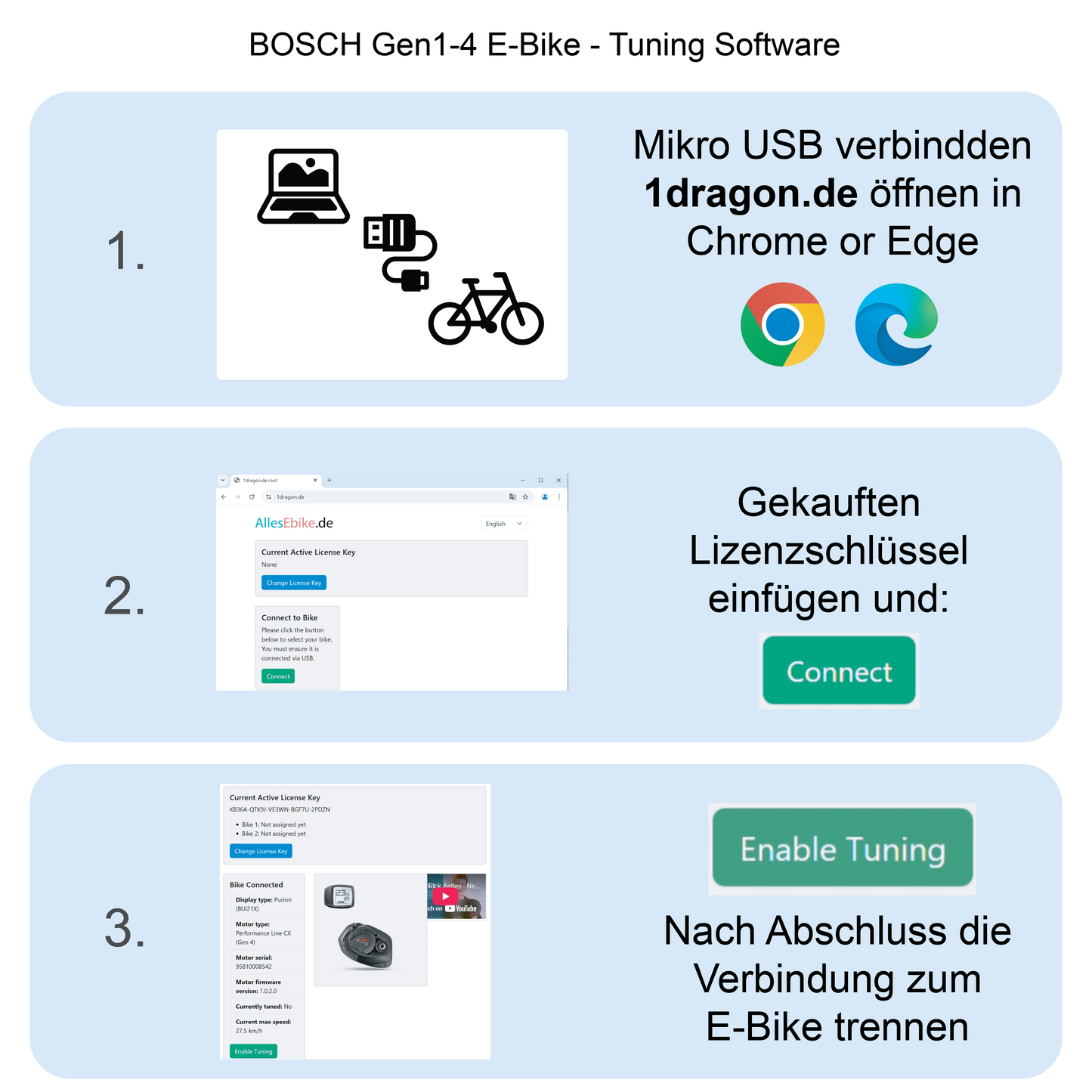 BOSCH Ebike Sofort - Software - Tuning ohne Einbau via Mikro-USB für Gen1-4 von 25m/h auf 45km/h
